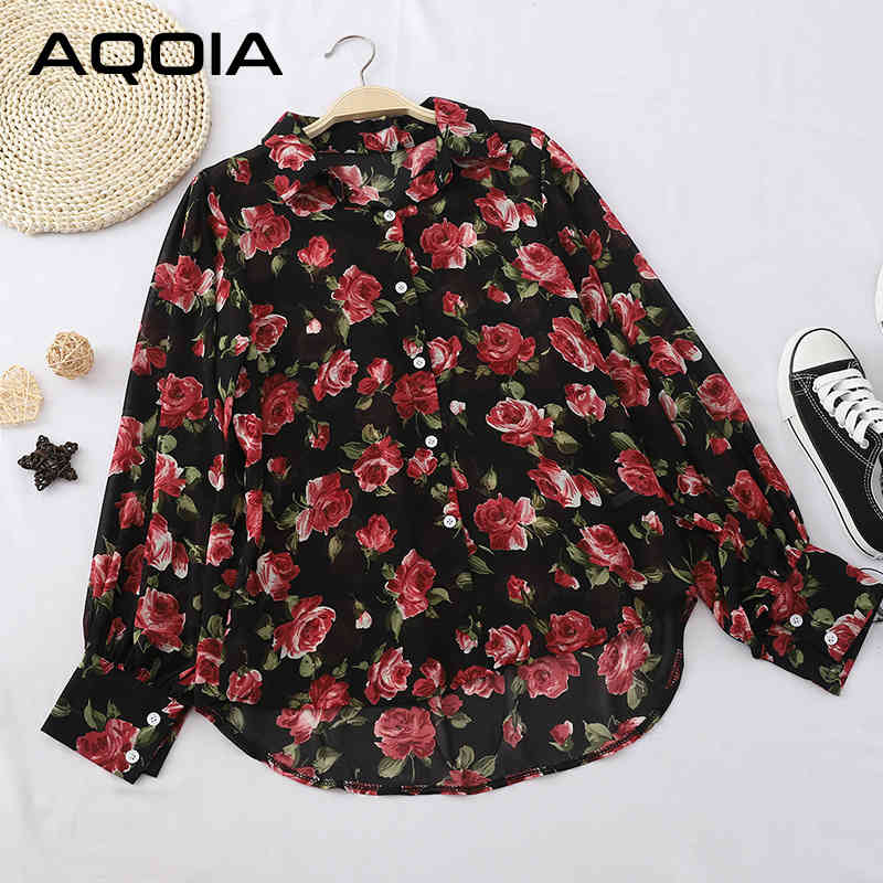 AQOIA Long Sleeve Floral Women Chiffon Shirt Button Up Vintage Turn Down Collar Blouse Spring Office Lady Blouses 210521