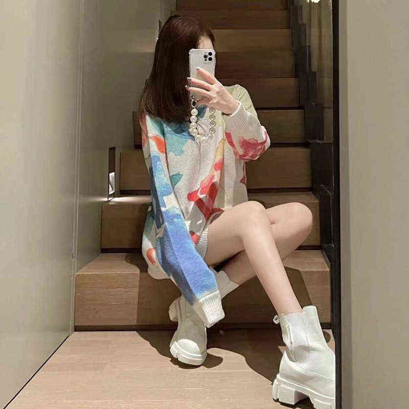 Watercolor Graffiti Fairy Sweater Women's Loose Long Thin Tie-dye Sweater Autumn Long-sleeved Pullover Tops Female Drop 211103
