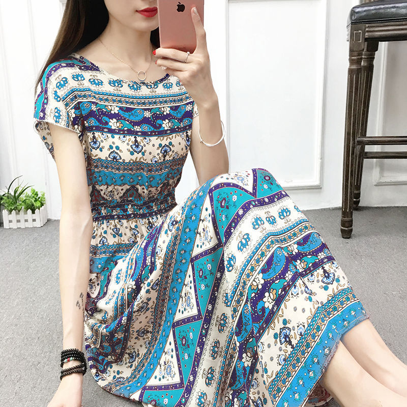 Summer Floral Print Midi Dresses Women Casual O Neck Short Sleeve Holiday Beach Elastic Waist Female Party Vestidos 210522