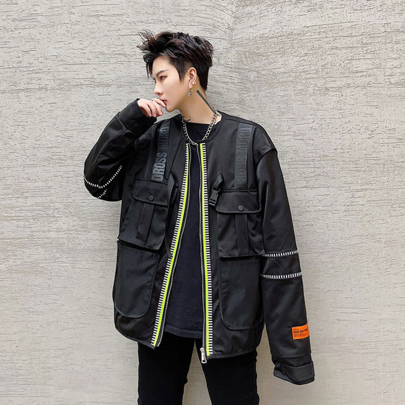 IEFB Men's Spring Jacket Zipper Long Sleeve Zipper Loose Oversized Workwear Black Jacket For Male Letter Print9Y6642 210524