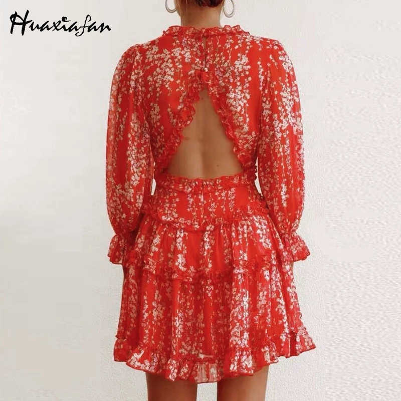 Floral Printed Mini Dress Women Sexy Backless Elegant Pink Long Sleeve Ruffle Prom Party Summer Beach Short Dress Vestido 210630