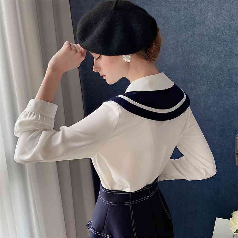Dabuwawa Preppy Style Sailor Collar Blouse Women Autumn Spring Long Sleeve Patchwork Bow Shirts Tops Female Girlish DT1CST036 210520