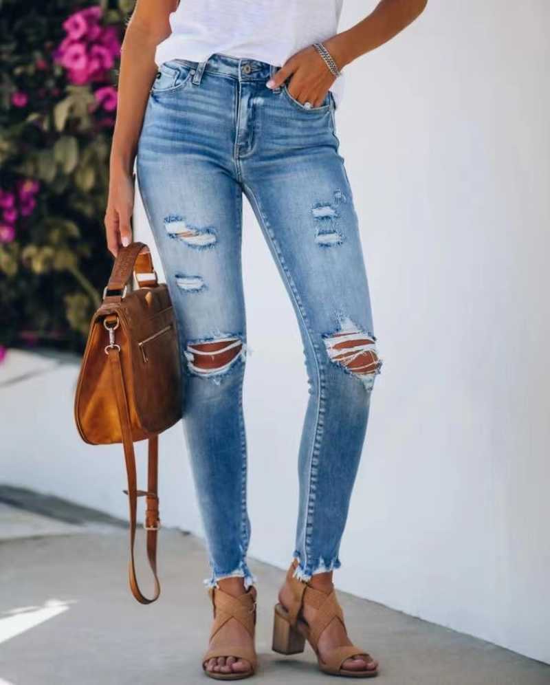 Summer Casual Ripped Ladies Jeans Slim Fit Large Mid-waist Comfortable Stretch Women's Fashion Denim Pants WS26 210809
