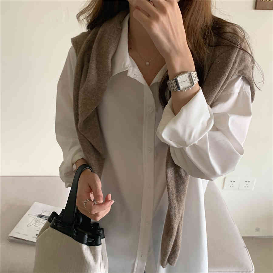 Spring Summer Oversize Striped All Match Mid-length Slit Dress Women Long Sleeve Turn-Down Collar Loose Casual Dresses D12801X 210416