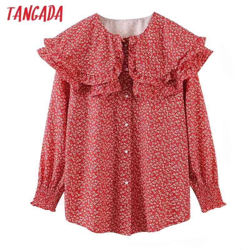 Women Retro Flowers Print Oversize Collar Long Sleeve Chic Female Blouse Shirt Tops SL532 210416