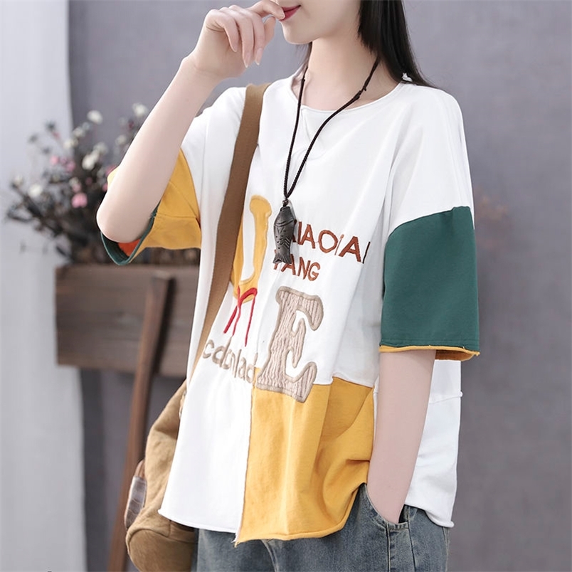 Summer Arts Style Women Short Sleeve Loose Cotton Tshirt Letter Embroidery Patchwork Tee Shirt Femme Casual Tops S752 210512