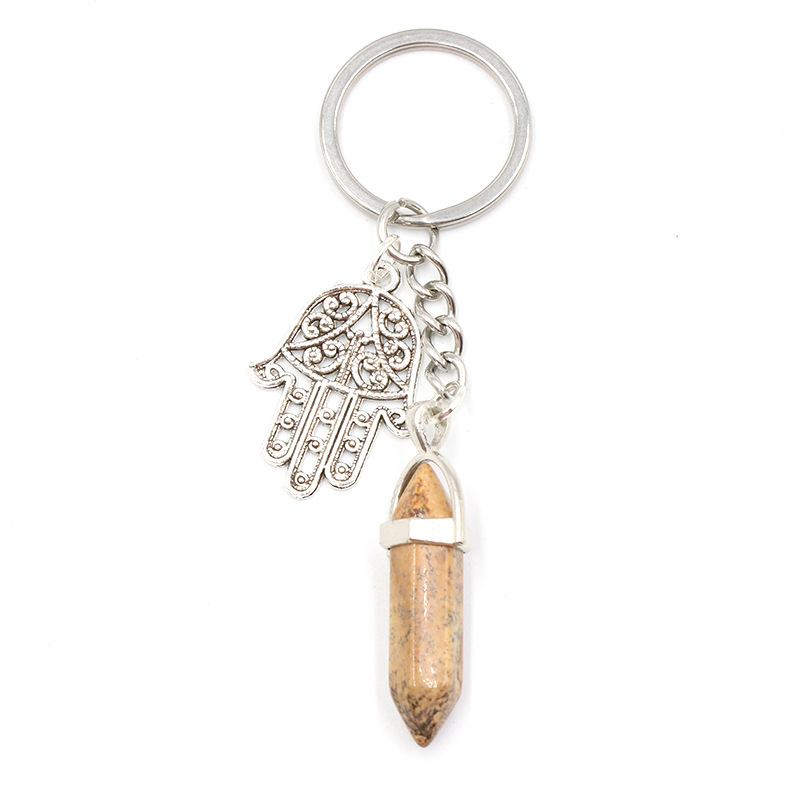 Natural Crystal Hexagon Stone Hamas Palm Hand Charm Keychain Car Bag Key Chain Ring for Men Women Gifts