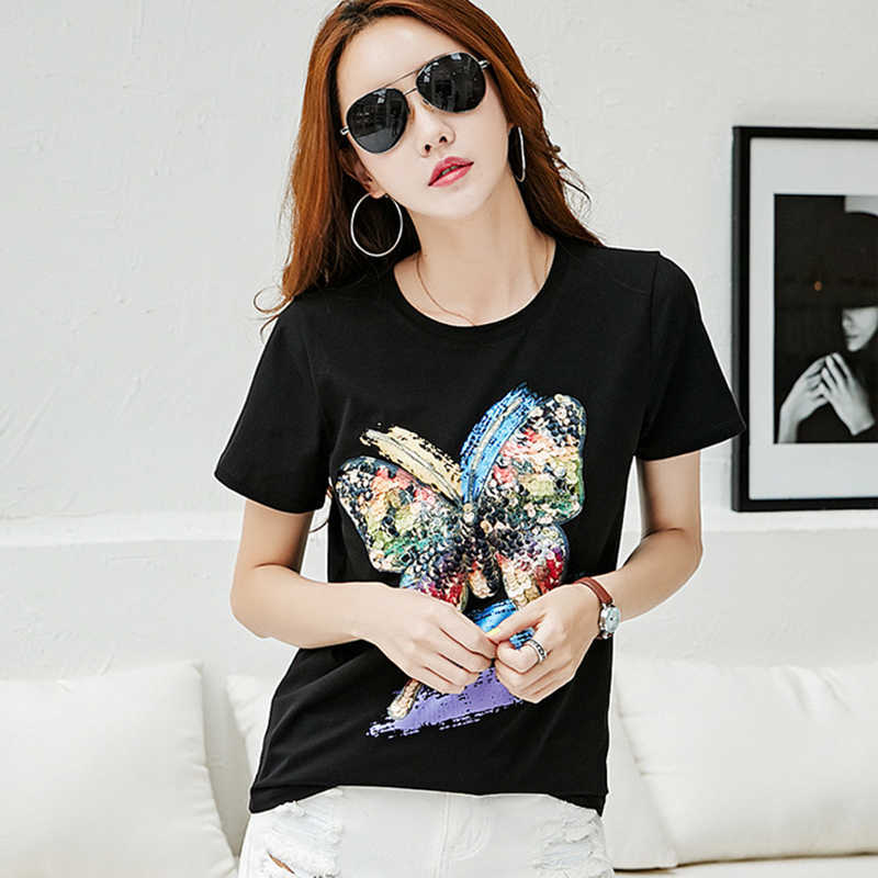 Shintimes Tee Femme Tshirt With Sequins T Shirt Women Summer Tops Casual T-Shirt Short Sleeve Camisetas Mujer Verano T200716
