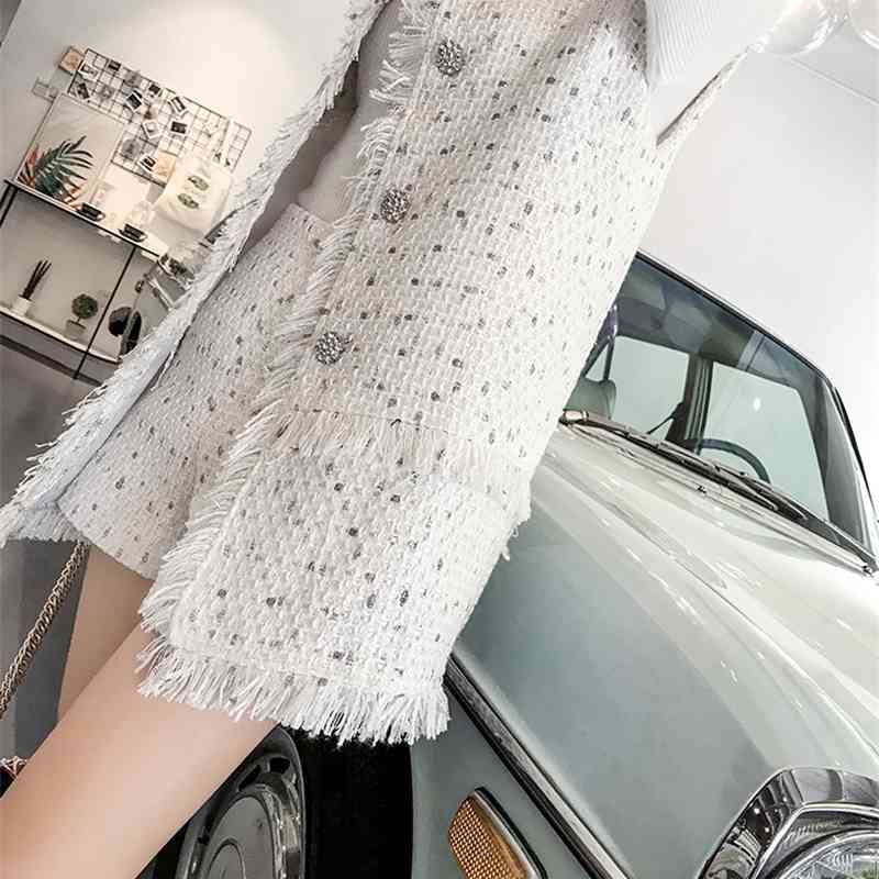 Autumn And Winter Runway Tweed Set White Tassel Rough Buckle Long Vest For Women 2 Pieces Shorts 210520