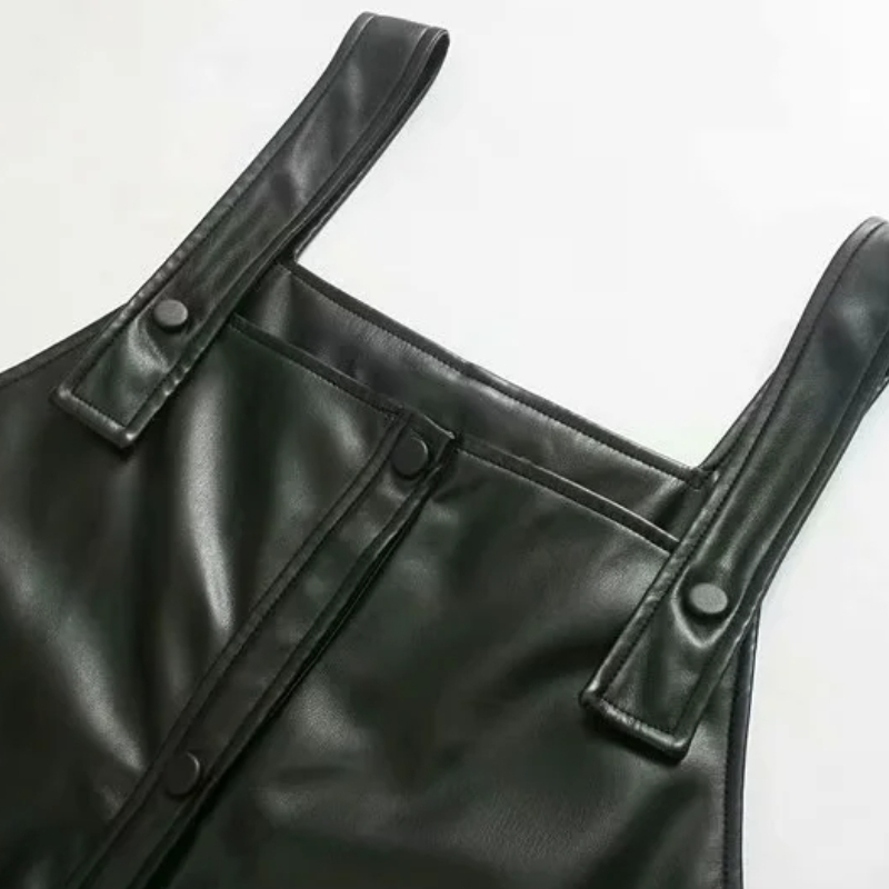 Spring Fashion Women Black PU Leather Suspender Mini Dress Female Patch Pocket Clothes Casual Lady Loose Vestido D7233 210430