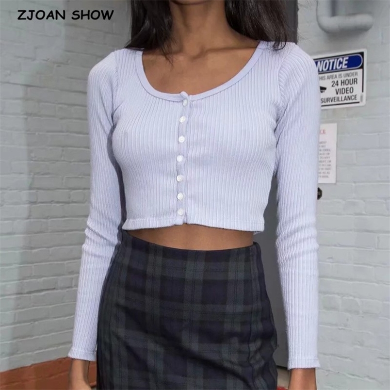 90's Vintage O neck Long Sleeve Tee Base T-shirts Cool Girl Single-breasted Button Short T-shirt crop top white 4 colors 210429