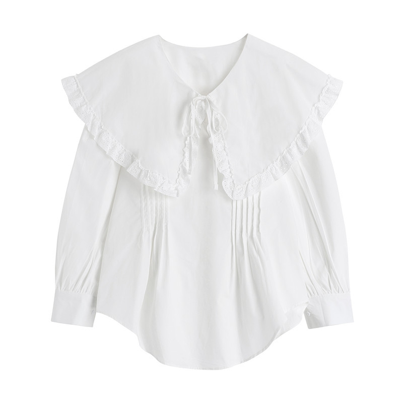 Nomikuma Pleated Causal Korean Doll Shirt Sweet Lace Patchwork Peter Pan Collar Blouse Spring Puff Long Sleeve Blusas Top 6F997 210427