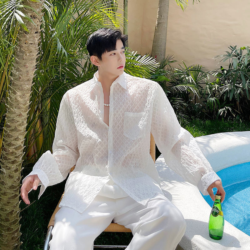 IEFB Men's Thin Sunscreen Shirt Long Sleeve Breathable Shirts Lapel See Through Oversized White Clothing Single Breasted 9Y7761 210524