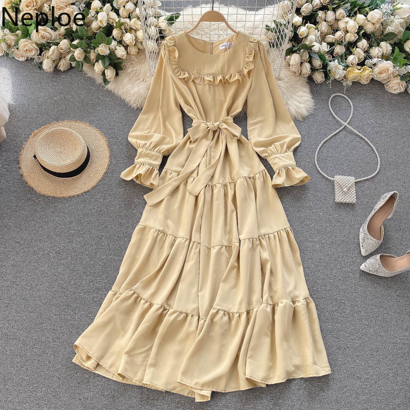 Neploe Sweet Dress Women O Neck Puff Sleeve Ruffles Slim Dresses Beach Holiday Chic Bow Robe Temperament Maxi Vestidos 210422