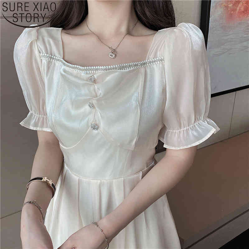 Summer Dresses Sweet Square Collar Flare Sleeve Dress Women High Waist Short Sleeve Midi Long Dresses Spring Robe 14088 210519