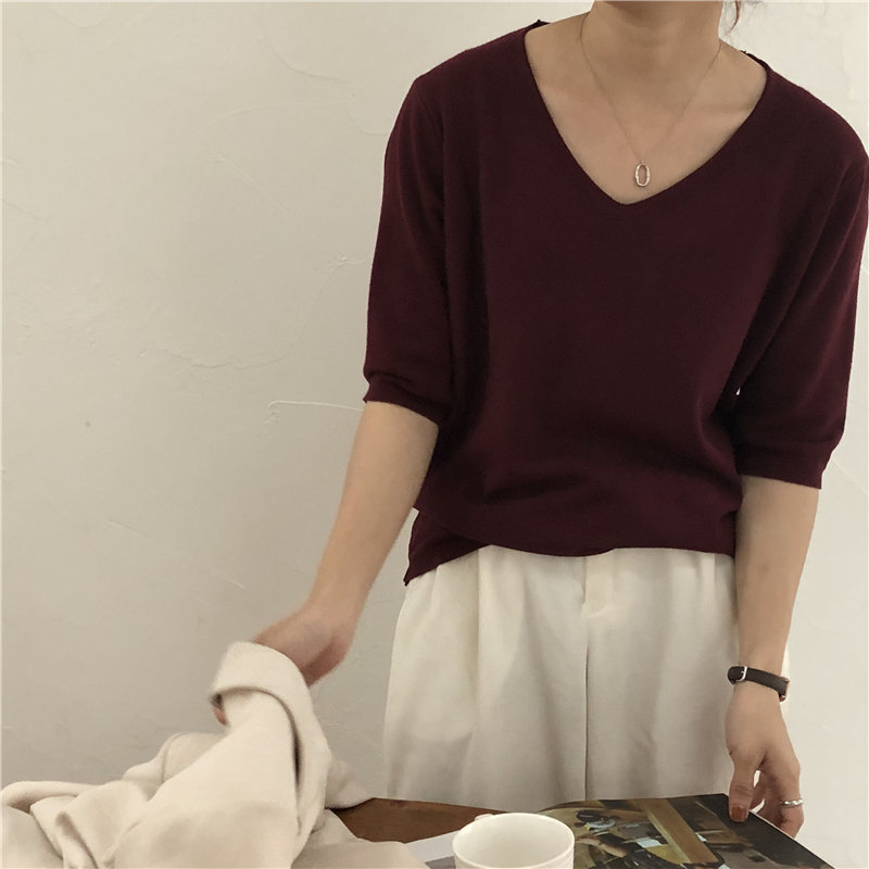 Minimalist Casual Half-Sleeved Fashion Tee Chic Vintage Summer Women Solid Loose All-Match Knitted T-shirt 7 Colors 210421