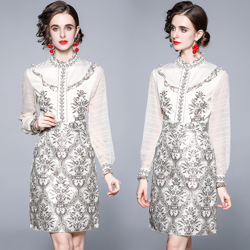 2021 autumn French print dress ruffle mesh long sleeve medium length slim design women's skirt, White
2021 autumn French print dress ruffle mesh long sleeve medium length slim design women's skirt, White
