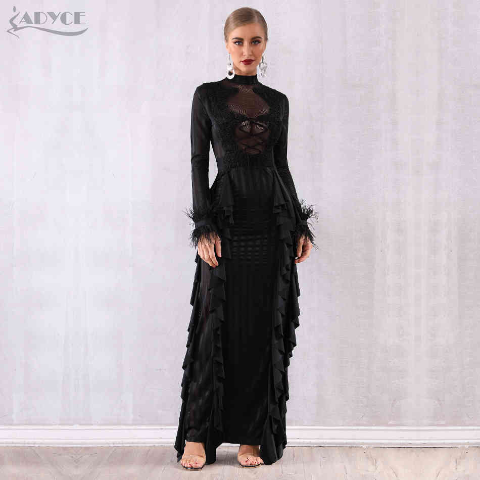 Maxi Women Ruffles Bodycon Celebrity Party Dress Vestidos Verano Sexy Long Sleeve Lace Pearls Feather Club 210423