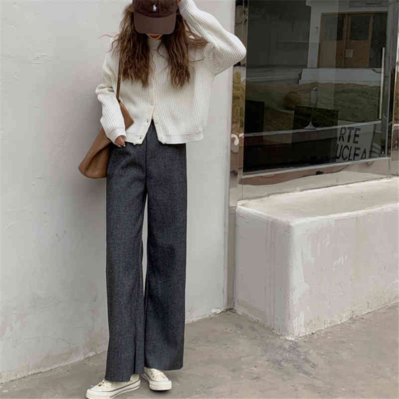 Black High Waist Straight Pants Women Solid Chic Woolen Elegant Minimalist All Match Casual Trousers 210421