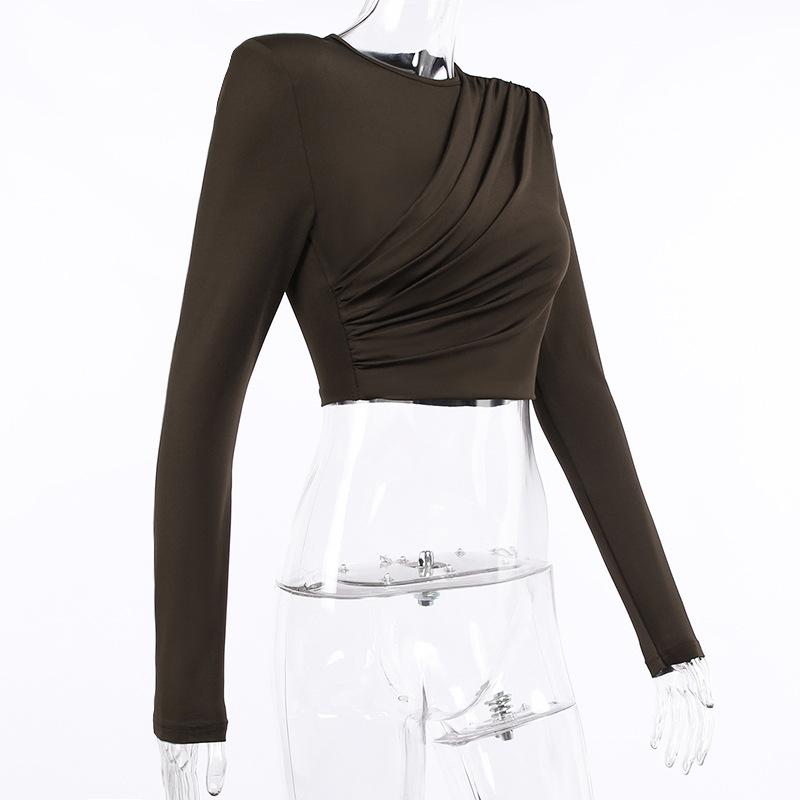 Women's T-Shirt Shoulder Padded Shrug T Shirt Women Brown Autumn Winter Turtleneck Elegant Fashion Basic Solid Long Sleeve Crop Tops