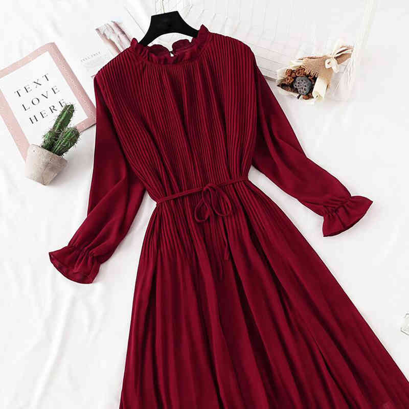Women Autumn Chiffon Dress Long Sleeve Vintage Solid Lotus Leaf Neck Pleated Dress Long Robe Women Casual Dresses 210521