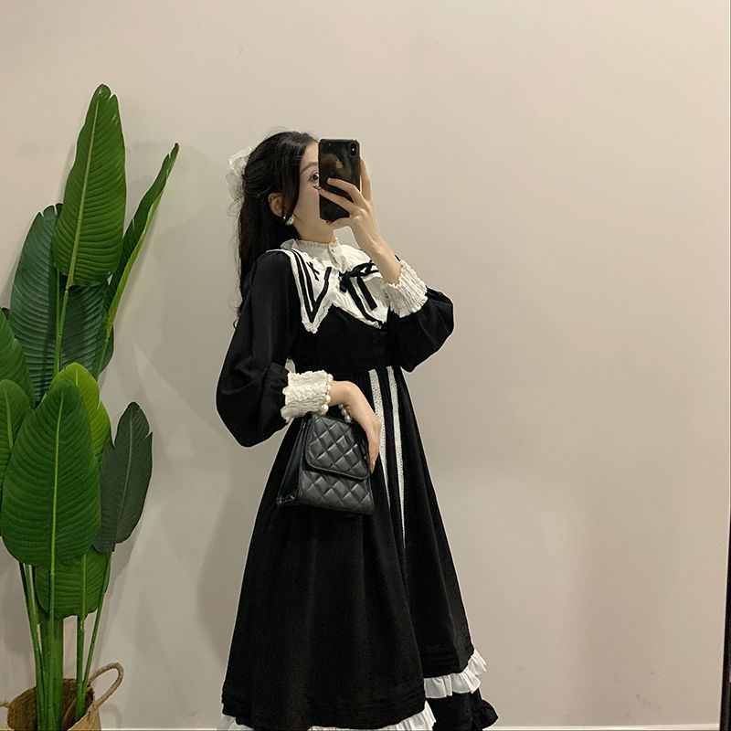 Black Vintage Dress Women French Elegant Gothic Lolita Dress Female Lace Long Sleeve Stand Evening Party Dress Korea Autumn 210521