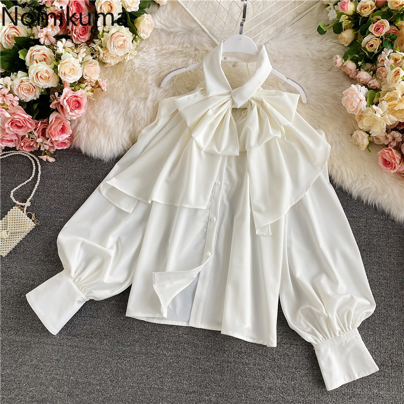 Nomikuma Sweet Bow Tie Halter Top Blouse Causal Long Sleeve Strapless Shirt Spring New Korean Blusas Mujer De Moda 6D830 210427