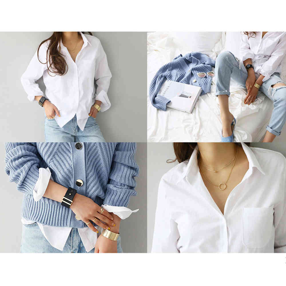 Women Casual White Long Sleeve Turn Down Collar Shirt Office Lady Elegant Single Breasted Pocket Shirts Loose Tops 210428