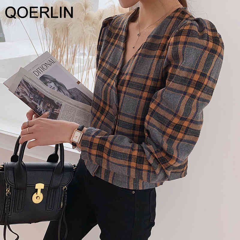QOERLIN 3XL Womens Elegant Blouse Plus Size Vintage Sexy VNeck Plaid Crop Top Shirts Womens One Button Jacket Shorts Blouse 210412