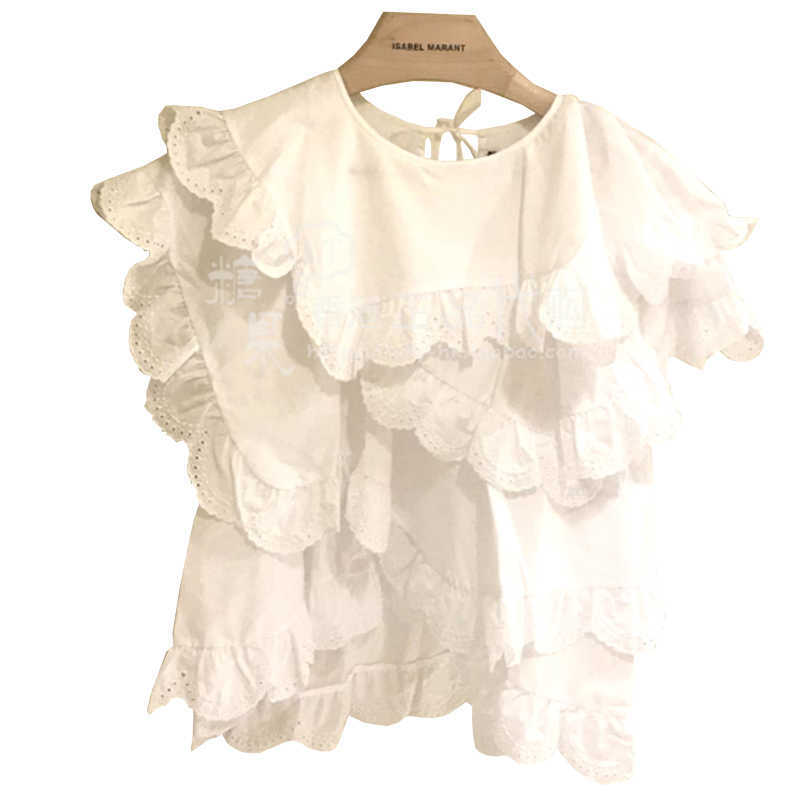 Spring/Summer Korean Casual Fashion Loose Women's T-shirt Lace Stitching Lotus Leaf Edge Short-sleeved Top 210615