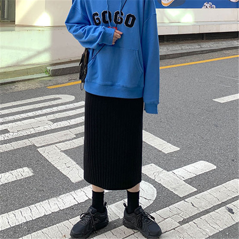 Stylish Vintage Sweet Winter Brief Elastic Waist Women High Quality Casual Slim Knitted Split Skirts 210421