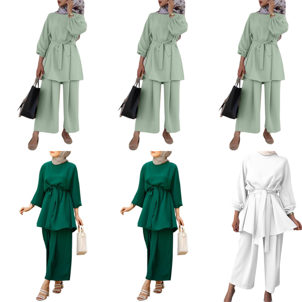 Women Muslim Summer 2Pcs Outfits Set Long Sleeve Belted Tunic Tops Wide Leg Loose Pants Solid Color Dubai Kaftan Hijab X0428, Mg-s
Women Muslim Summer 2Pcs Outfits Set Long Sleeve Belted Tunic Tops Wide Leg Loose Pants Solid Color Dubai Kaftan Hijab X0428, Mg-s
