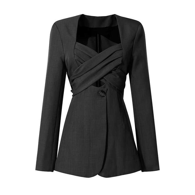 TWOTYLE Elegant Patchwork Bowknot Blazer For Women Square Collar Long Sleeve Ruched Split Blazers Female Fashion 210930