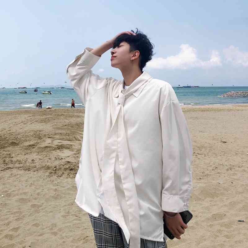 Summer Men's Loose Seven Minutes Short Sleeve Shirt White/grey/yellow Color Clothes Fashion Tie Decoration Shirts M-5XL 210410