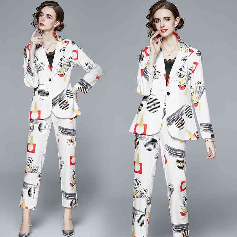 Women Suits office sets Long Sleeve Cartoon Geometric Print One Button Turn-down Collar Blazer + Pencil pant suits for women 210506
