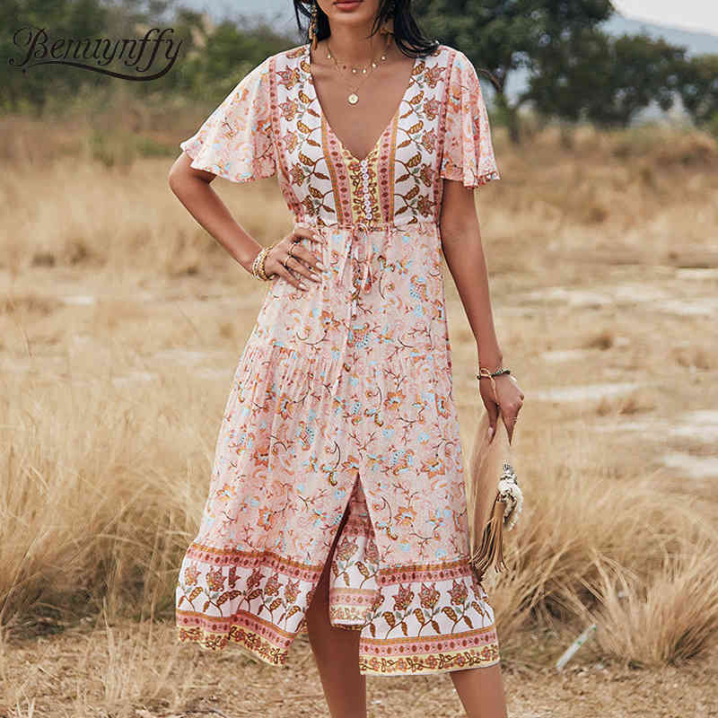 V-neck Button Detail Tie Waist Dresses Women Summer Holiday Boho Short Sleeve Floral Print Split Long Dress 210510