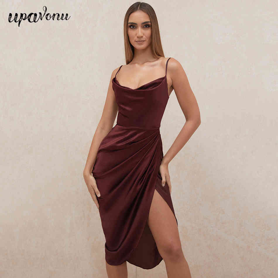 Free Burgundy Satin Dress Sexy Spaghetti Strap Sleeveless Bodycon Draping Club Runway Party Vestidos 210524