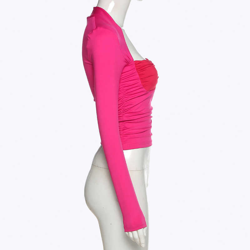 Colysmo Corset Blouse Long Sleeve Square Neck Fashion Color Blocking Ruffle Patchwork Pullover Top Casual Women Blouses 210527