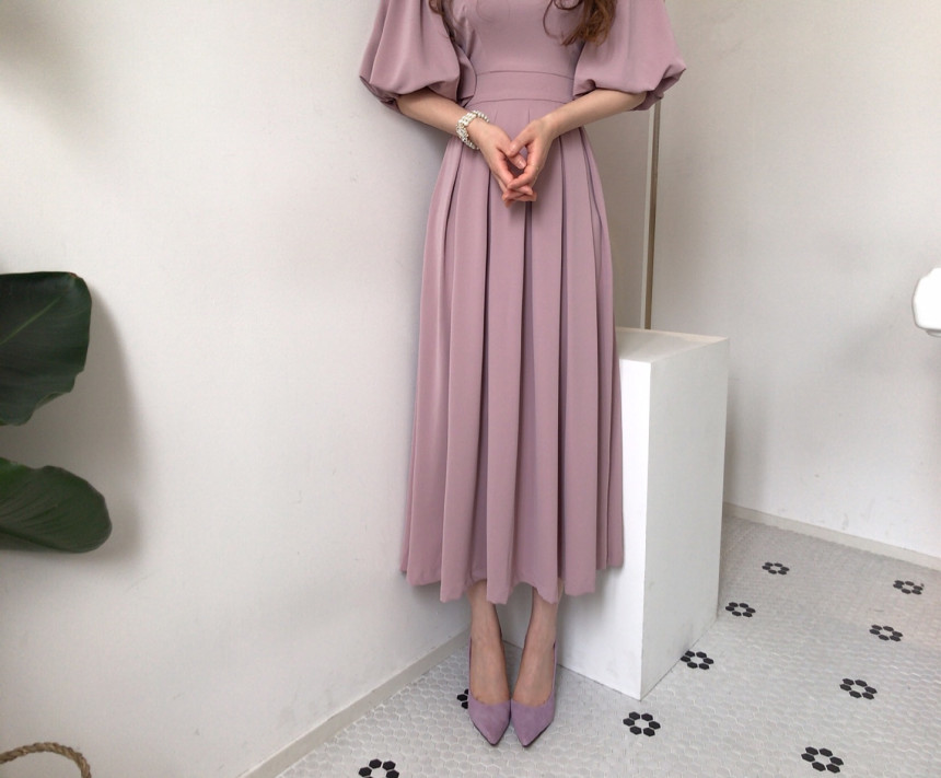 Korean Solid Casual Chic Elegant Women Dress Summer Vestido Round neck High waist Straps Lantern sleeves Pleated Long 210506