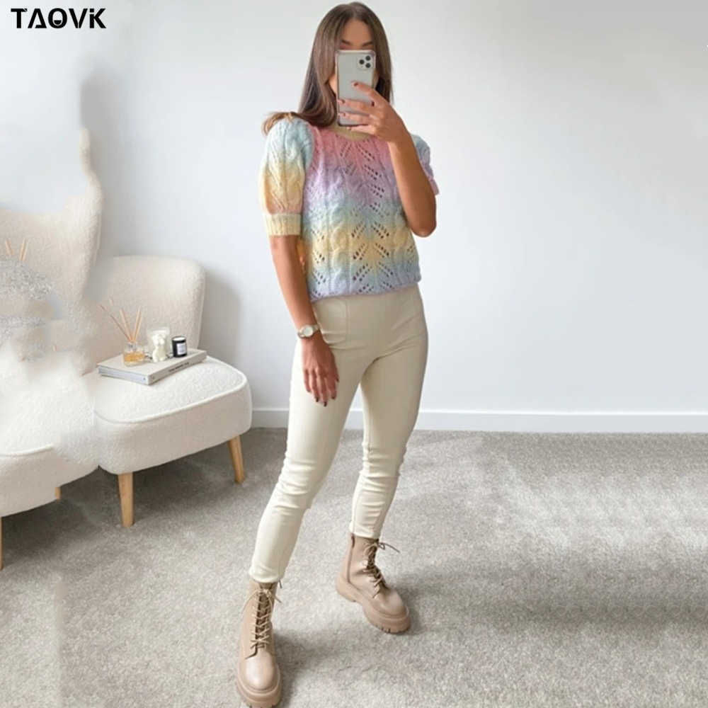 TAOVK Tie Day Knitted Sweater Female Rainbow Kawaii Pullover Women Short Sleeve O-neck Candy Outwear Female Sweet Top Jumpers 210918