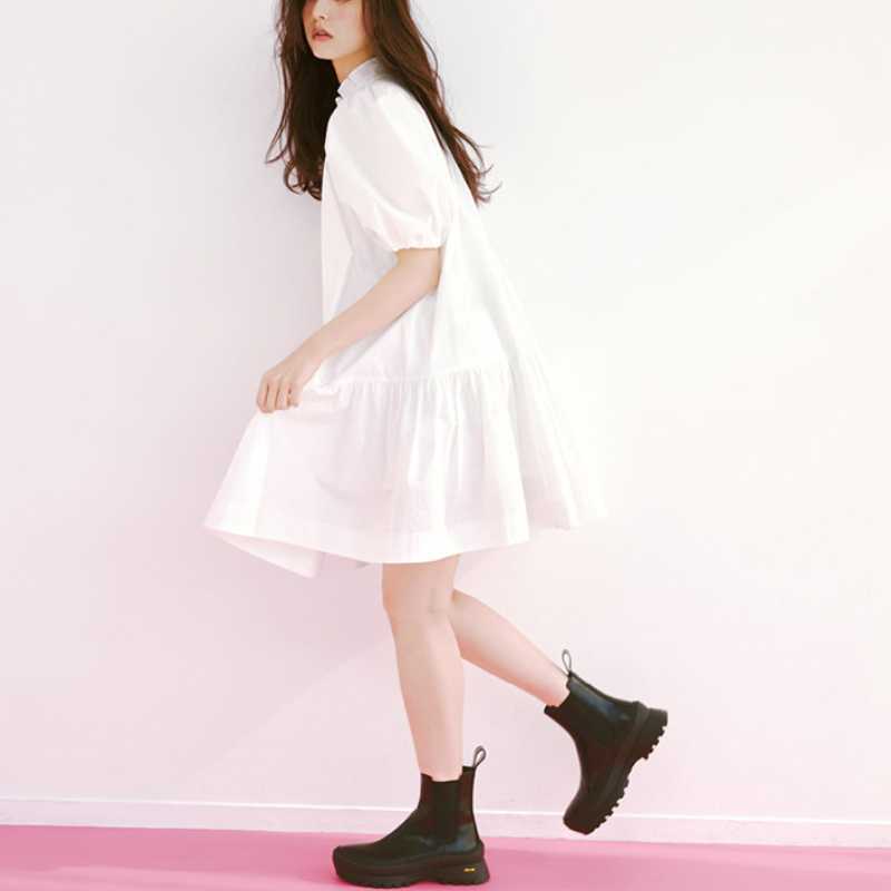Japan Style Solid Puff Short Sleeve Stand Collar Women Dresses Simple Summer Loose Vestidos All Match Soft Moda Robe 210525
