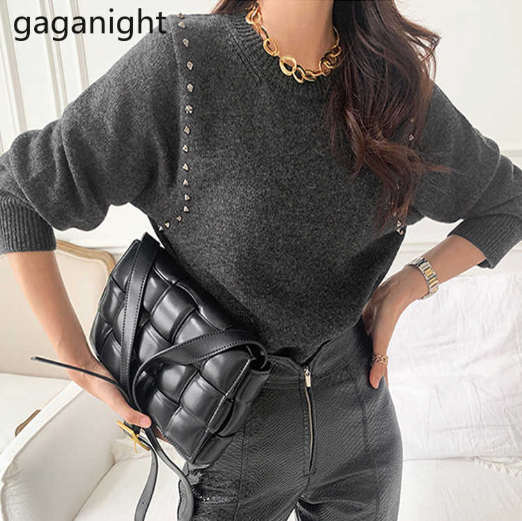 Chic Vintage Rivet Women Sweater Winter Thick ONeck Pullovers Korean Long SleeveKnited Sweaters Casual Loose Tops 210601