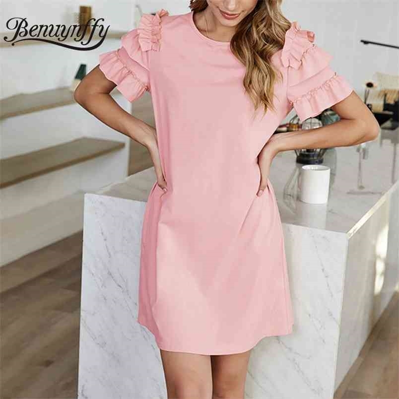 O-Neck Frill Trim Short Sleeve Dresses Summer Home Casual Women Solid Knit Dress Ladies Elegant Vestidos 210510