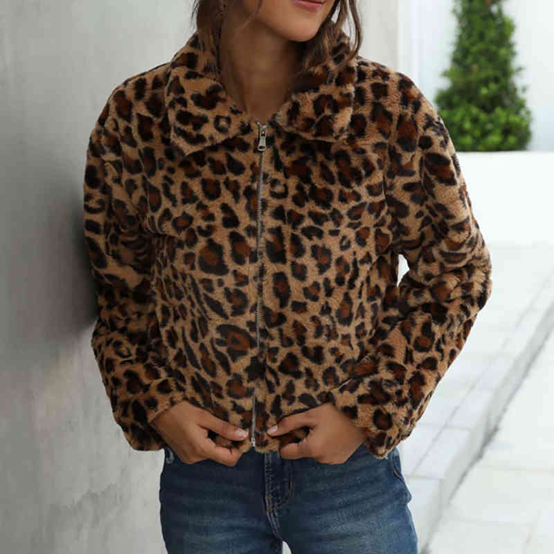 Evfer Winter Ladies Leopard Print Vintgae Think Jackets Outwear Women Fashion Animal Autumn Hairy Loose Coats Chic 210421