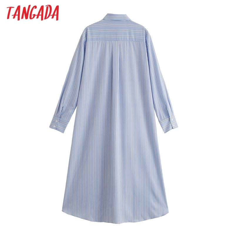 Fashion Women Blue Striped Print Shirt Long Sleeve Ladies Oversized Midi Dress 5Z97 210416
