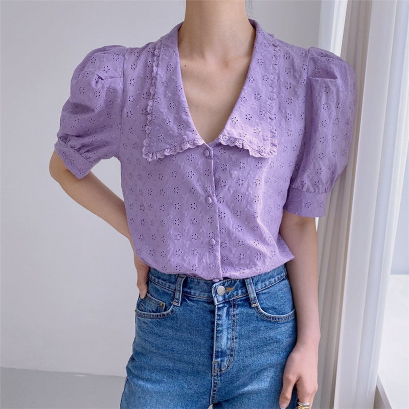 Lavender Purple Gentle Office Lady Streetwear Slim Tops Summer High Waist Loose Chic Sweet OL All Match Shirts 210421