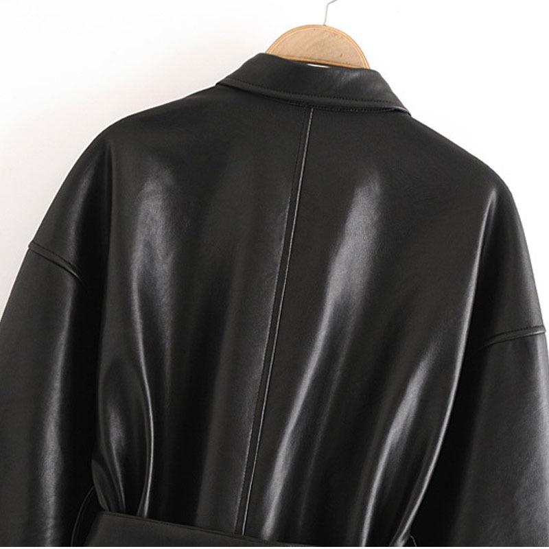 Black PU Single-breasted Long Sleeves Windproof Keep Warm Chic Female Jacket Fashion Motorcycle with Belt Lapel Women's Coat Top 210507