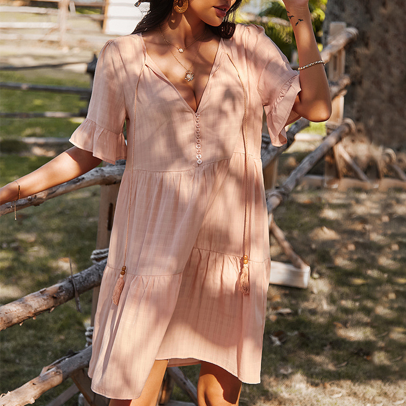 Solid High Waist Half Sleeve Dress Women Cotton Linen Holiday A-line Dress Spring Summer V-neck Vintage Loose Short Dresses 210521