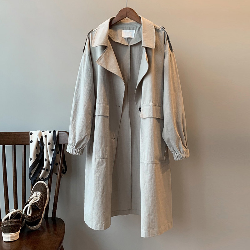 Women Solid Casual Trench Coat Turn Down Collar Loose Office Wear Long Coat Big Pocket Korean Gray Khaki Windbreaker 210414