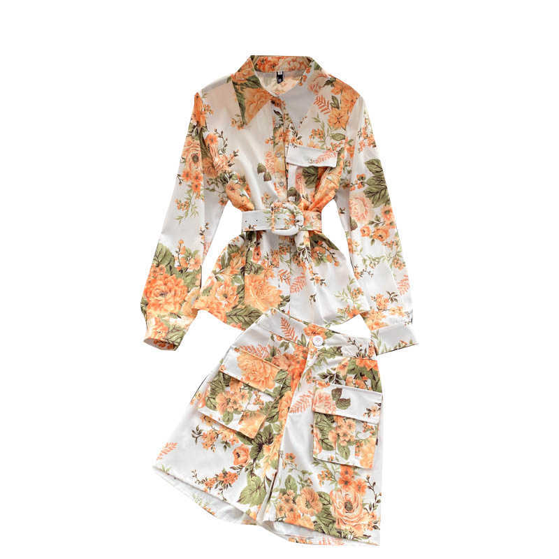 DEAT Women Lapel Long Sleeve Printing Shirt Shorts Arrivals Two Piece Set Temperament Fashion Spring Summer 11D1561 210709